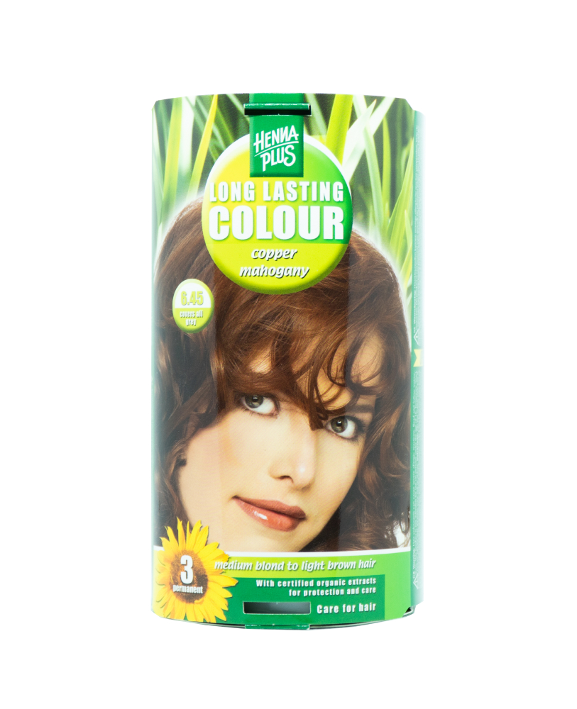 Hennaplus ilgalaikiai plaukų dažai su 9 ekologiškais ekstraktais, spalva raudonmedžio vario atspalvio 6.45